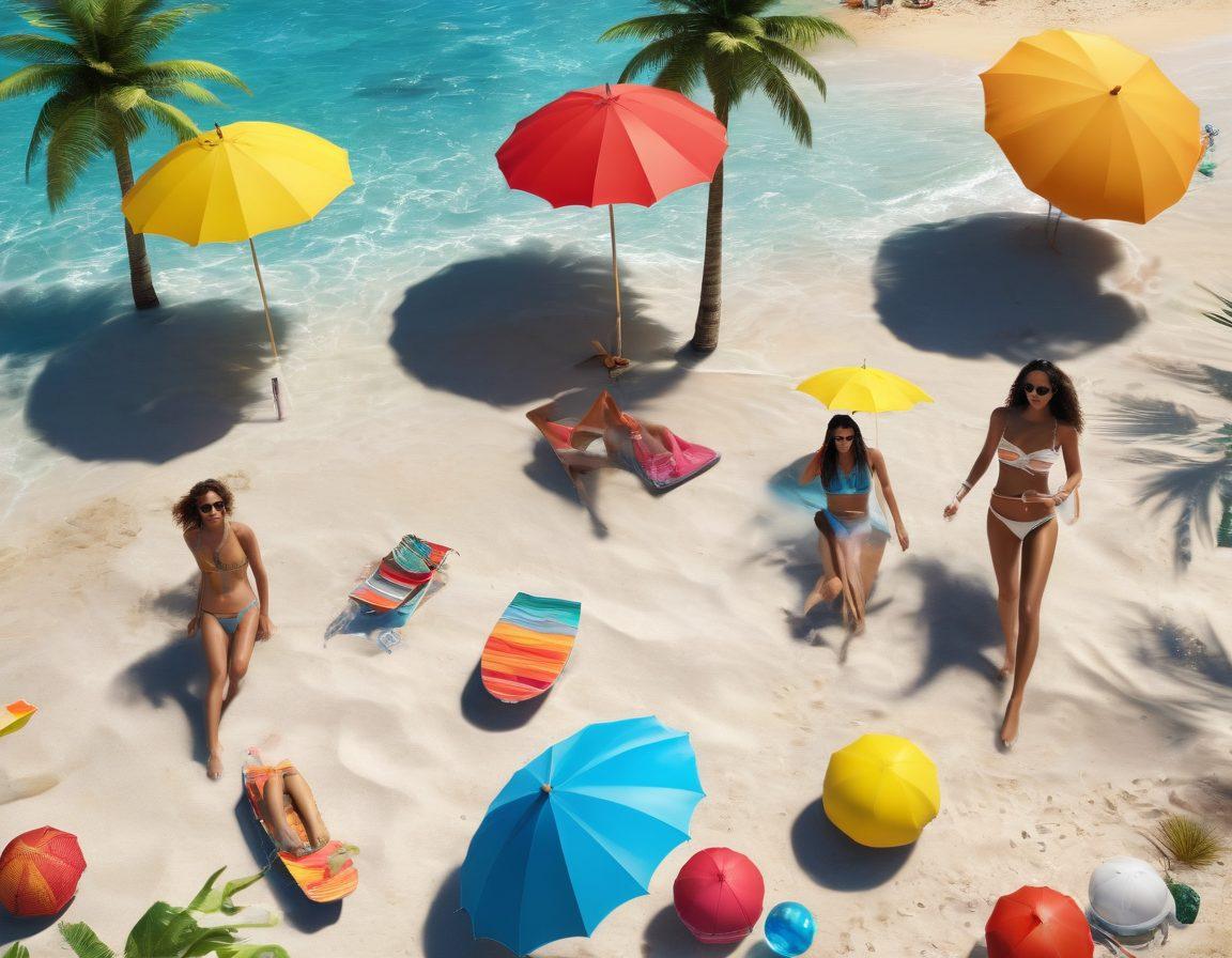 A vibrant beach scene showcasing diverse models in trendy bikinis and stylish swimwear, surrounded by colorful beach umbrellas and the sparkling ocean. Incorporate tropical elements like palm trees and bright surfboards. The atmosphere is lively and sunny, evoking the fun of summer vacations. Add playful beach accessories like sunglasses and beach balls for a more dynamic feel. super-realistic. vibrant colors. 3D.