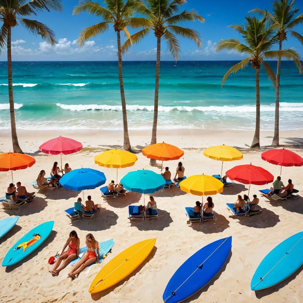 A vibrant beach scene showcasing a diverse group of individuals wearing the latest swimwear trends, including stylish swimsuits and accessories. Sun-kissed sand and crystal-clear waves in the background, with palm trees swaying gently. Add colorful beach umbrellas and surfboards to create a lively atmosphere. The image should evoke a sense of fun and freedom, ideal for beach lovers. super-realistic. vibrant colors. summer vibes.